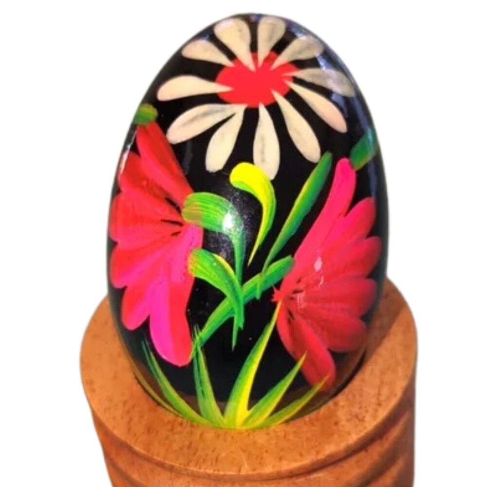 Vintage Folk Art Hand Painted Russian Polish Wooden Easter Egg Flowers Pisanki